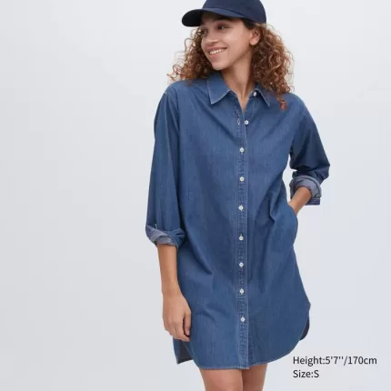 Uniqlo Denim Long Sleeved Dress Women Blue