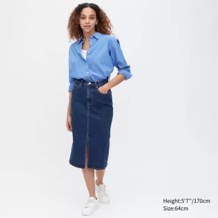 Uniqlo Denim Narrow Midi Skirt Women Blue