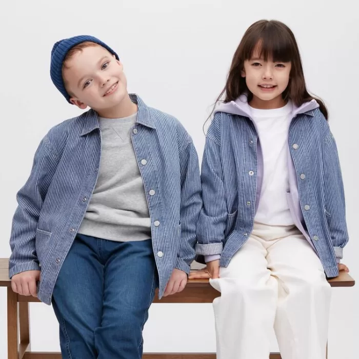 Uniqlo Denim Striped Overshirt Jackets Kids Blue