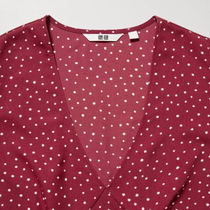 Uniqlo Dotted V Neck Long Sleeved Mini Dress Women Red