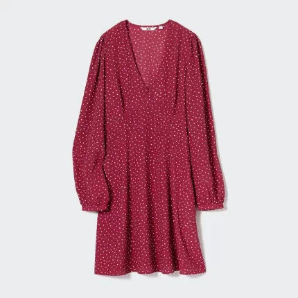 Uniqlo Dotted V Neck Long Sleeved Mini Dress Women Red