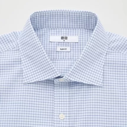 Uniqlo Easy Care Checked Stretch Slim Fit (Semi-cutaway Collar) Men’s Shirts Blue