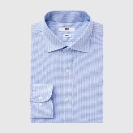 Uniqlo Easy Care Checked Stretch Slim Fit (Semi-cutaway Collar) Men’s Shirts Blue