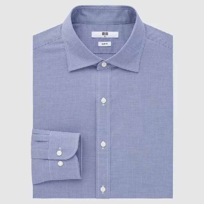 Uniqlo Easy Care Checked Stretch Slim Fit (Semi-cutaway Collar) Men’s Shirts Blue