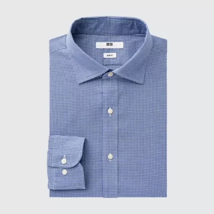 Uniqlo Easy Care Stretch Slim Fit Checked (Semi-cutaway Collar) Men’s Shirts Blue