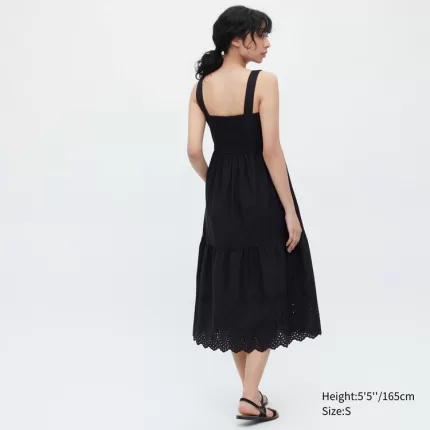 Uniqlo Eyelet Cotton Sleeveless Midi Dress Women Black