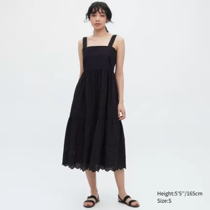 Uniqlo Eyelet Cotton Sleeveless Midi Dress Women Black