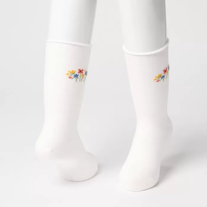 Uniqlo Flower Print Regular Socks (Three Pairs) Kids White Purple Navy