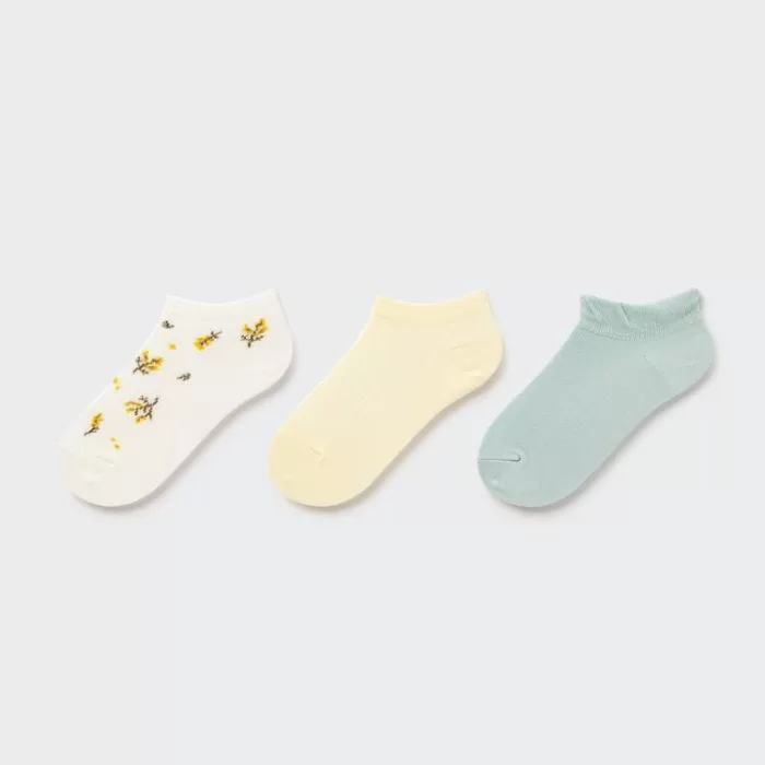 Uniqlo Flower Print Short Socks (Three Pairs) Kids Cream Yellow Blue