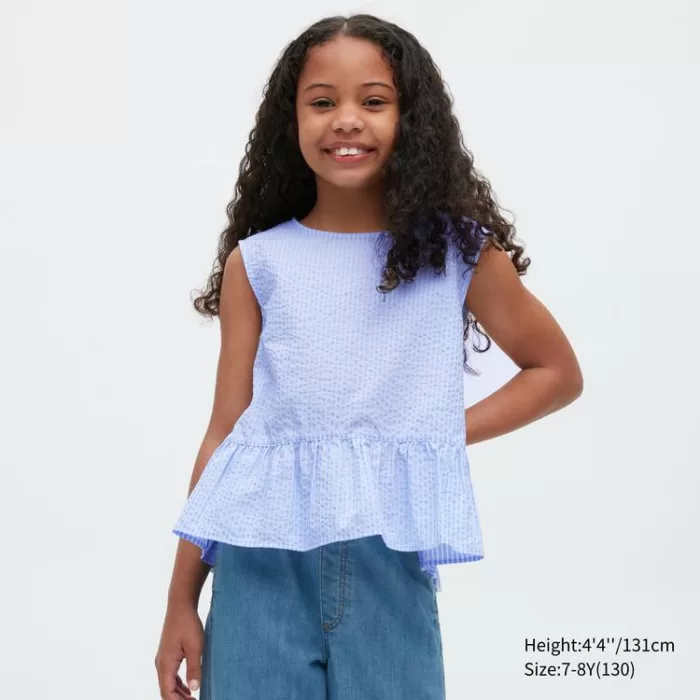 Uniqlo Gathered Striped Short Sleeved Blouses Kids Blue