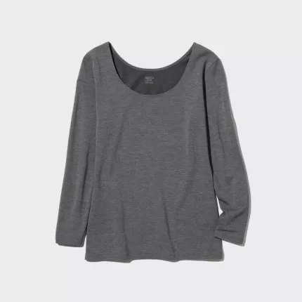 Uniqlo Heattech Extra Warm Cotton Scoop Neck Long Sleeved Thermal Tops Women Dark Grey