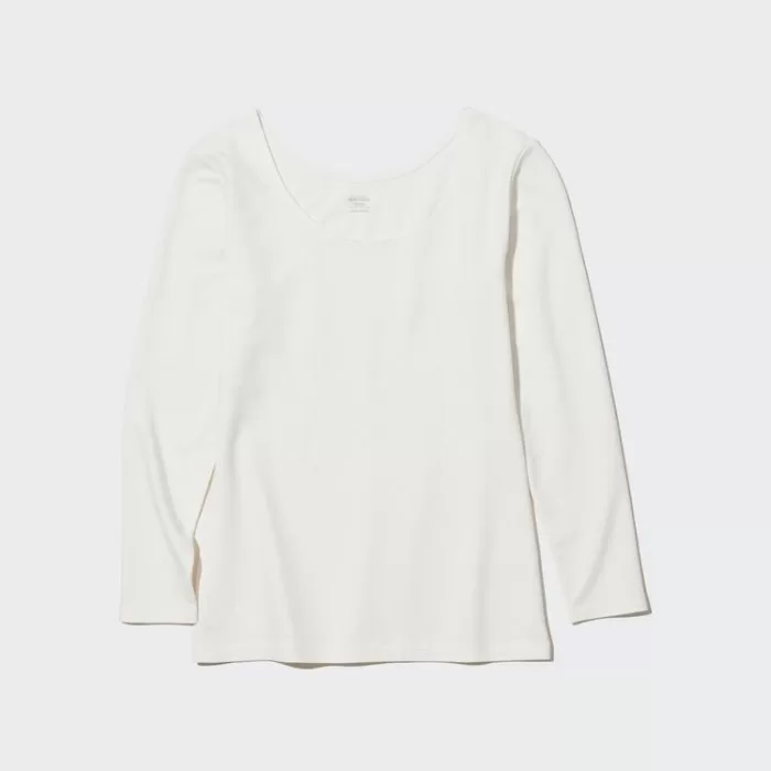 Uniqlo Heattech Extra Warm Cotton Scoop Neck Long Sleeved Thermal Tops Women White