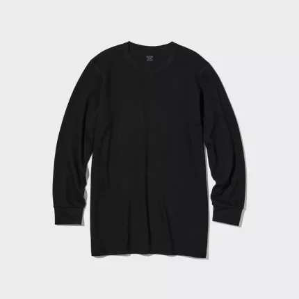 Uniqlo Heattech Extra Warm Cotton Waffle Crew Neck Long Sleeved Thermal Men’s Tops Black