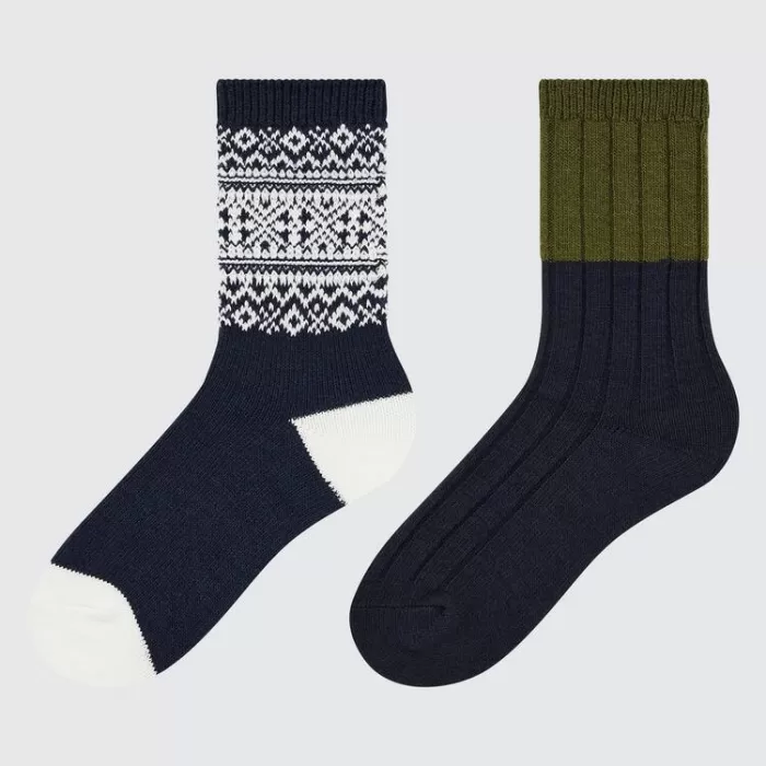 Uniqlo Heattech Fair Isle Print Socks (Two Pairs) Kids Navy White Green