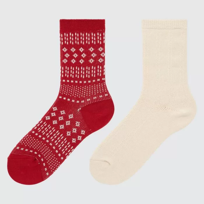 Uniqlo Heattech Fair Isle Print Socks (Two Pairs) Kids Red Beige