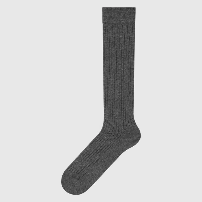 Uniqlo Heattech Ribbed Knee High Socks Men Dark Grey