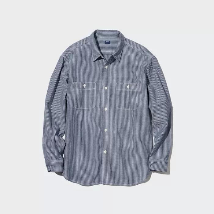 Uniqlo Hickory Denim Regular Fit Work Shirts (Regular Collar) Men Blue