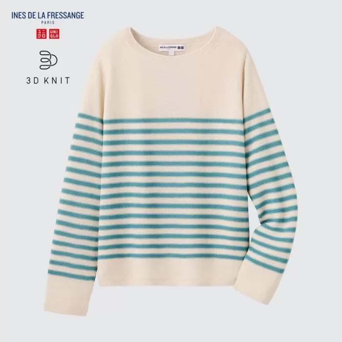 Uniqlo Ines De La Fressange 3d Knit Seamless Striped Boat Neck Women’s Knitwear Beige