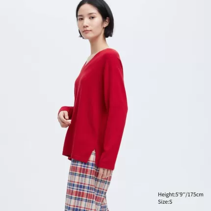 Uniqlo Ines De La Fressange Cotton Cashmere Blend Oversized V Neck Women’s Knitwear Red