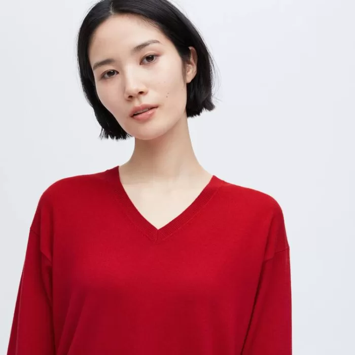 Uniqlo Ines De La Fressange Cotton Cashmere Blend Oversized V Neck Women’s Knitwear Red