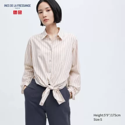 Uniqlo Ines De La Fressange Cotton Silk Blend Oversized Long Sleeved Women’s Shirts Beige