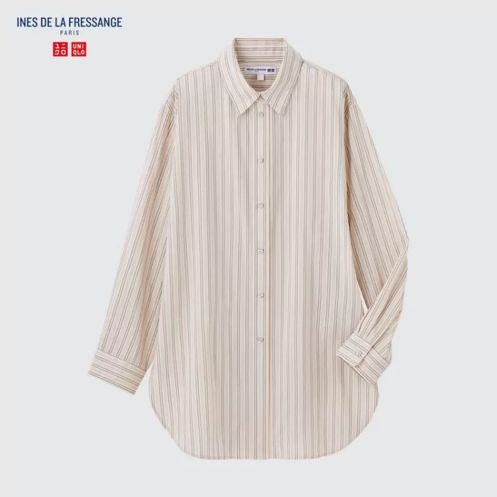 Uniqlo Ines De La Fressange Cotton Silk Blend Oversized Long Sleeved Women’s Shirts Beige