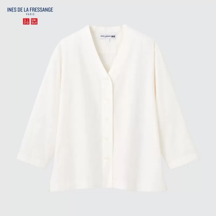 Uniqlo Ines De La Fressange Cotton Twill V Neck 3/4 Sleeved Women’s White Shirts