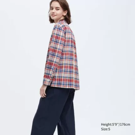 Uniqlo Ines De La Fressange Linen Cotton Blend Pintucked Long Sleeved Women’s Shirts Blue Red