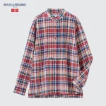 Uniqlo Ines De La Fressange Linen Cotton Blend Pintucked Long Sleeved Women’s Shirts Blue Red