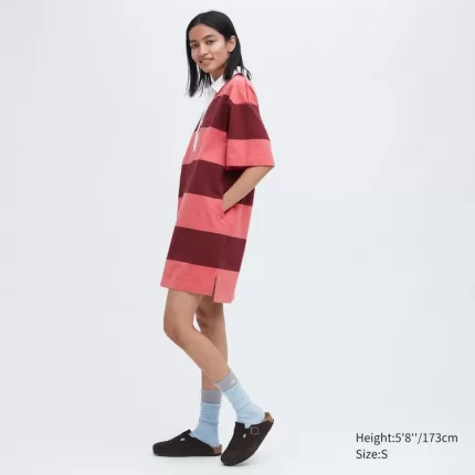 Uniqlo JW Anderson Striped Polo Short Sleeved Dress Women Pink