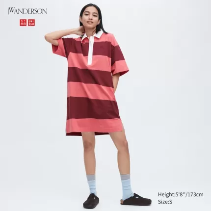 Uniqlo JW Anderson Striped Polo Short Sleeved Dress Women Pink