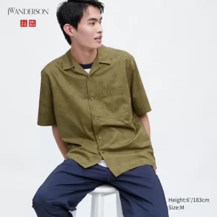 Uniqlo Jw Anderson Casual Printed Short Sleeved (Open Collar) Men’s Shirts Olive Green