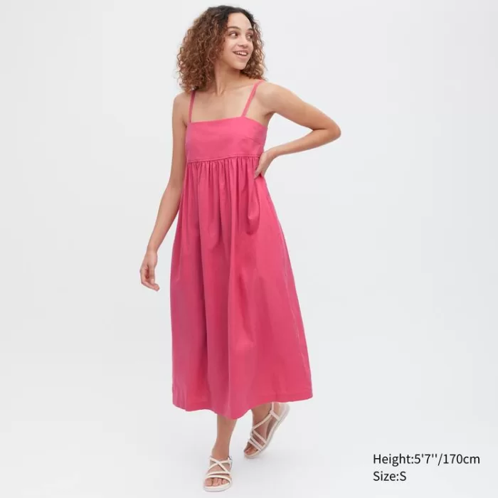 Uniqlo Linen Blend Gathered Camisole Dress Women Pink