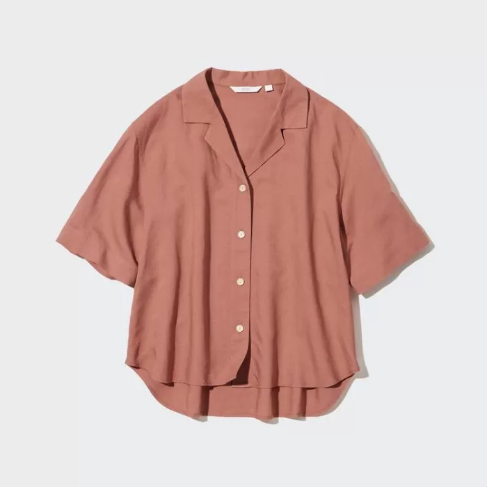 Uniqlo Linen Blend Open Collar Short Sleeved Women’s Shirts Brown