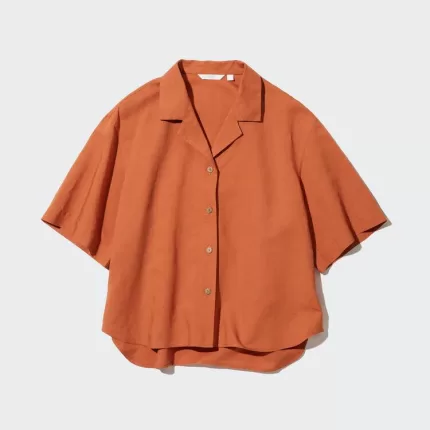 Uniqlo Linen Blend Open Collar Short Sleeved Women’s Shirts Orange