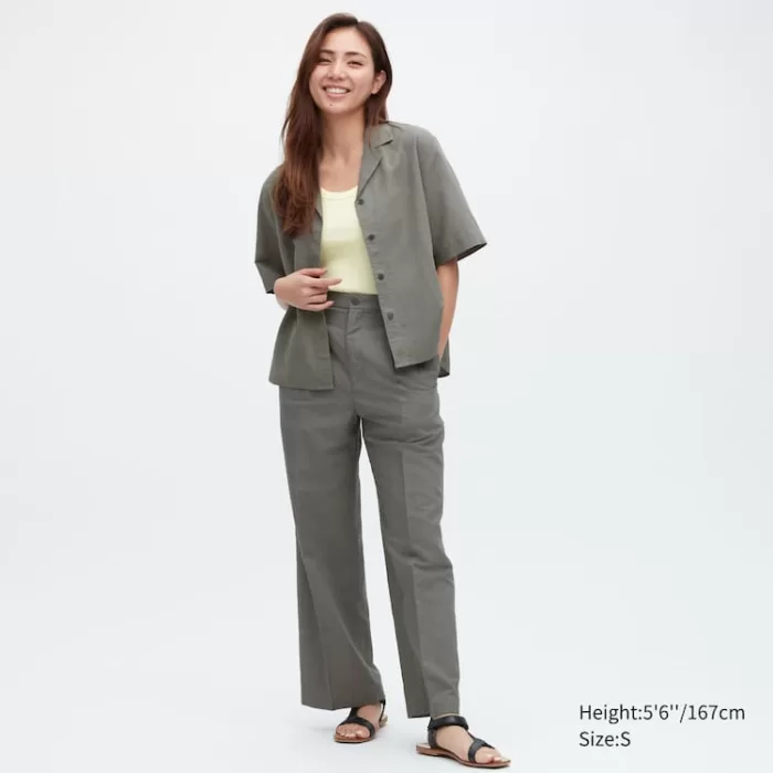 Uniqlo Linen Blend Pleated Wide Leg Pants Women Olive Green