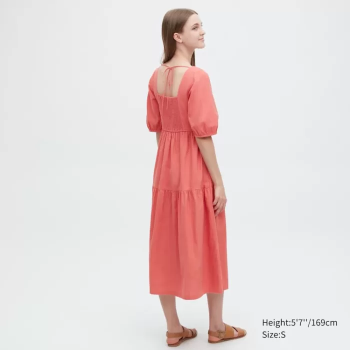 Uniqlo Linen Blend Shirring Volume Sleeved Dress Women Pink