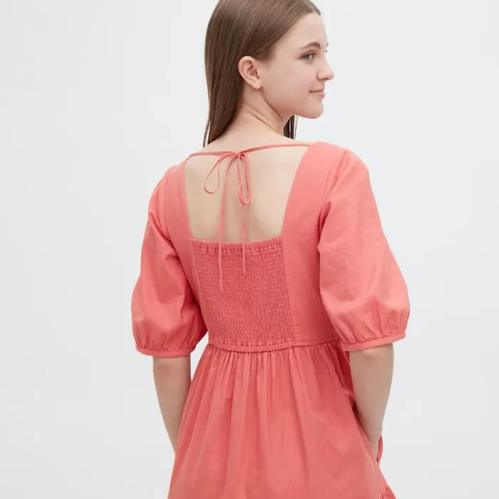 Uniqlo Linen Blend Shirring Volume Sleeved Dress Women Pink