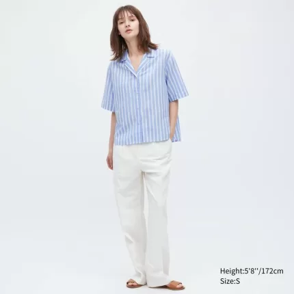 Uniqlo Linen Blend Short Sleeve Women’s Shirts Light Blue