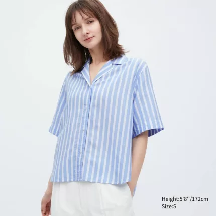 Uniqlo Linen Blend Short Sleeve Women’s Shirts Light Blue