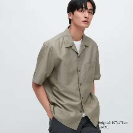 Uniqlo Linen Blend Short Sleeved (Open Collar) Men’s Shirts Olive Green