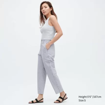 Uniqlo Linen Cotton Blend Striped Tapered Pants Women Blue