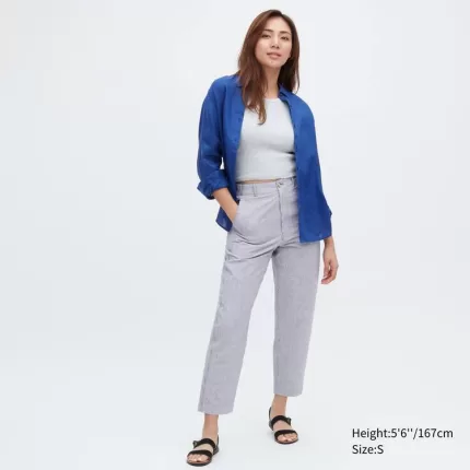 Uniqlo Linen Cotton Blend Striped Tapered Pants Women Blue