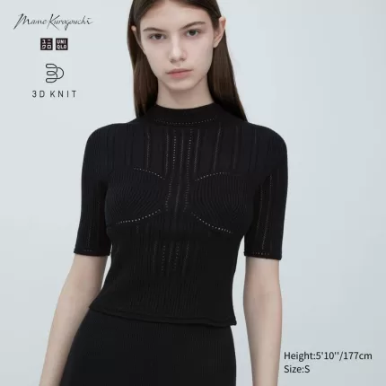 Uniqlo Mame Kurogouchi 3d Knit Seamless Mesh Half Sleeve Women’s Black Shirts