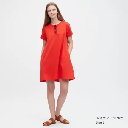 Uniqlo Mercerised Cotton Short Sleeved Mini Dress Women Red