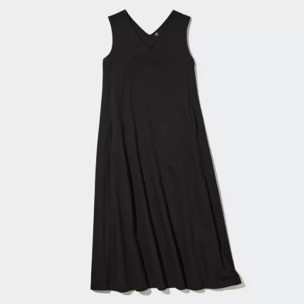 Uniqlo Mercerised Cotton V Neck A-line Sleeveless Dress Women Black