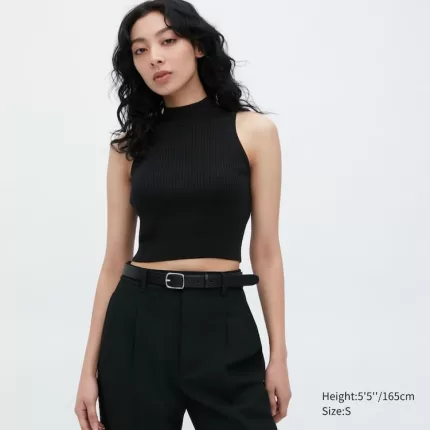 Uniqlo Mock Neck Cropped Tops Women Black