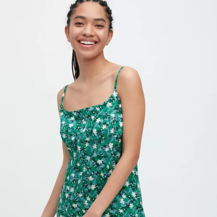 Uniqlo Printed Front Slit Camisole Dress Women Green