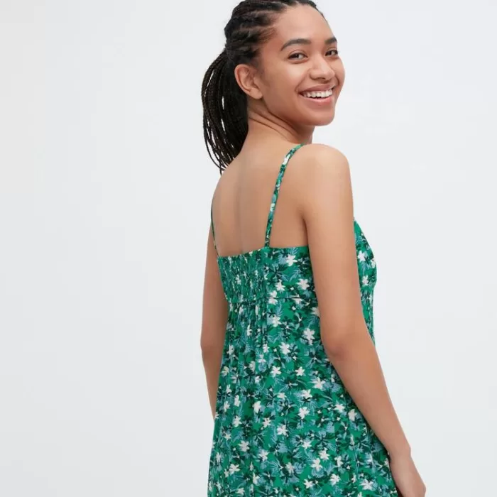 Uniqlo Printed Front Slit Camisole Dress Women Green