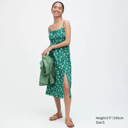 Uniqlo Printed Front Slit Camisole Dress Women Green